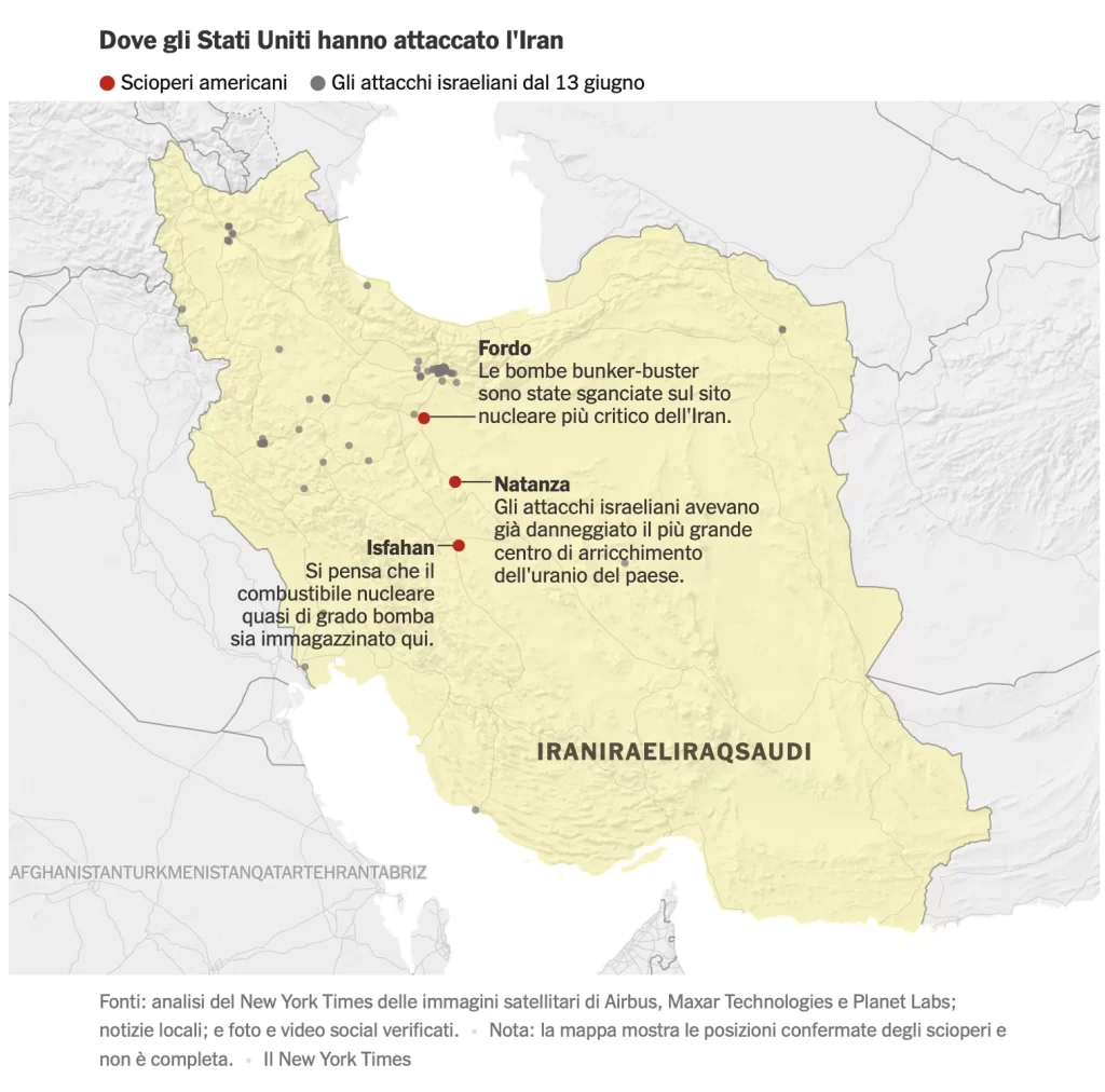 L’America entra in guerra: gli attacchi di Trump all’Iran e il rischio di un Medio Oriente fuori controllo 3 mappa attacchi usa ai siti nucleari iran