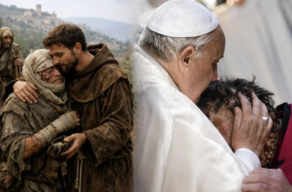 papa francesco e san francesco con lebbrosi