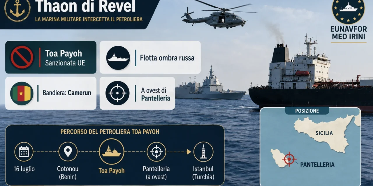 Flotta ombra russa, nave Thaon di Revel abborda la petroliera Toa Payoh a Pantelleria